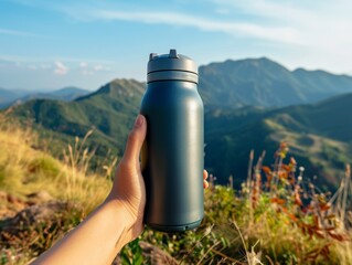 A man holding a blank reusable water bottle mockup with a scenic mountain view