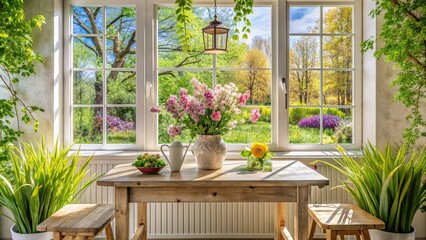Rustic white wood table in a charming cottage, complemented by a vibrant spring window showcasing verdant greenery and blooming flowers, bringing the outdoors in