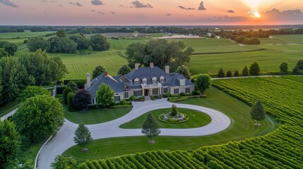 Aerial view of rural homesteads in serene green fields, depicting tranquil countryside scene