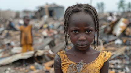 A young child stands facing away from the camera surrounded by debris and destroyed buildings, emphasizing the impact of disaster on human life
