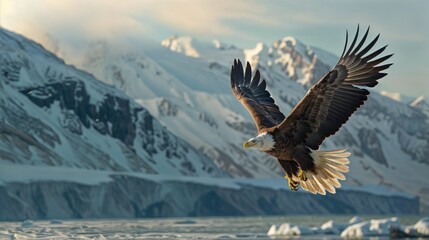 an eagle is flying in front of a snowy mountain range The eagle has a yellow beak