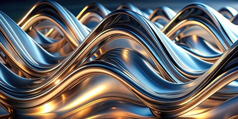 Surreal Chrome Metal Wave Background with Distorted Reflections and Shiny Surface