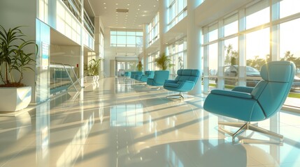 Fototapeta premium Spacious and Airy Office Lobby with Stylish Blue Chairs and Large Windows