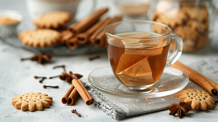 Tea bag in glass cup anise stars cinnamon sticks  - Powered by Adobe