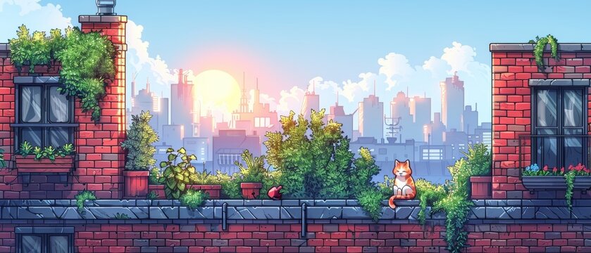 2D outline vector platform game. In modern city street scene above building windows and balconies. Cat jumps and plays to climb up the building.
