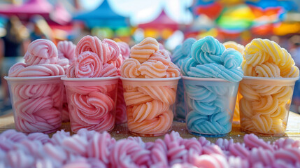 Pastel Colored Cotton Candy - Various pastel-colored cotton candy arranged on a table with a summer festival in the background
