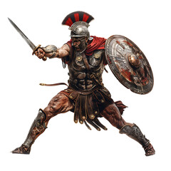 Roman Gladiator in Full Battle Armor Wielding Sword and Shield in Combat Stance