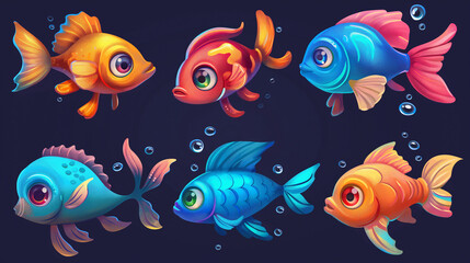 Fototapeta premium Asset of fish with cartoon style on dark background, Illustration.