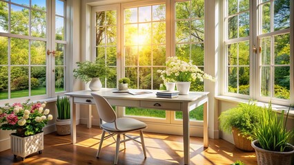White wood table in a home office, bathed in sunlight from the large spring window overlooking a lush garden, inspiring creativity and productivity