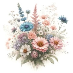A watercolor painting of a bouquet of flowers. The flowers are mostly pink, white, and blue, with some green foliage. The bouquet is tied together with a pink ribbon.