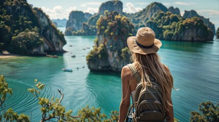A woman with a backpack overlooking a body of water and some islands - Powered by Adobe