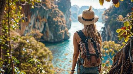A woman with a backpack stands in front of a beautiful sea view - Powered by Adobe