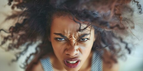 An upset young African American woman with messy hair yelling at camera. Concept Emotional Portrait, Upset Expression, Messy Hair, African American Woman, Yelling Gesture