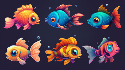 Asset of fish with cartoon style on dark background, Illustration.