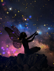 Naklejka premium A Fairy collecting stars in the night Sky. Design of children's books