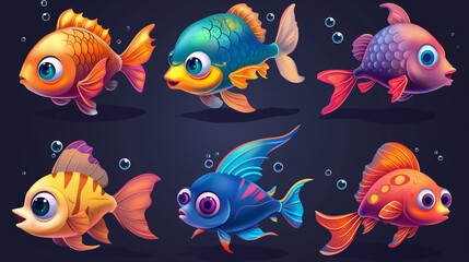 Fototapeta premium Asset of fish with cartoon style on dark background, Illustration.