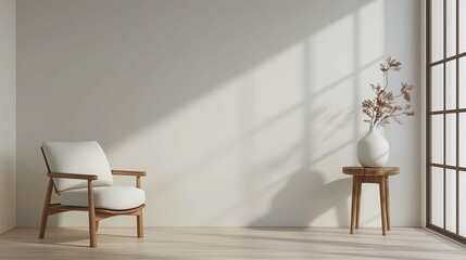 White empty wall room interior with white chairs and table