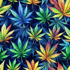 Vector colorful cannabis in seamless pattern on dark blue background