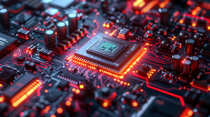 Fototapeta premium High-tech close-up of an illuminated circuit board showcasing intricate electronic components and glowing pathways.