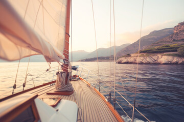 Obraz premium Sailing boat cruising near rocky coastline during sunset. Serene ocean and distant mountains create tranquil atmosphere