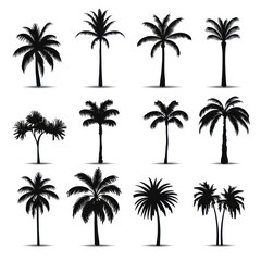 Collection of black palm tree illustrations on a white background.