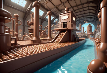 a chocolate factory with a river and a big ship model made from chocolate