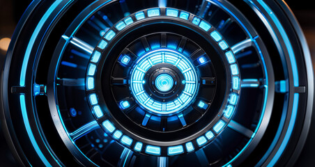 Close-up view of a blue glowing sci-fi arc reactor - Generative AI