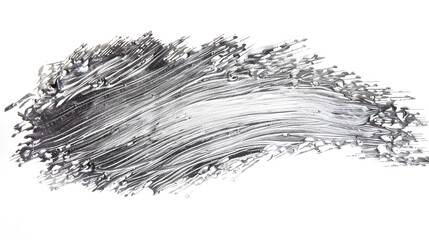 An intricate, lace-like brushstroke of metallic silver acrylic paint, finely detailed, on a solid white background, evoking the intricacy of woven silver threads.