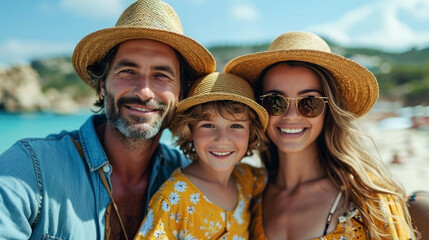 
Portrait of a smiling family enjoying their summer vacation on the beach, reflecting family unity. Happy Family on Summer Beach Vacation