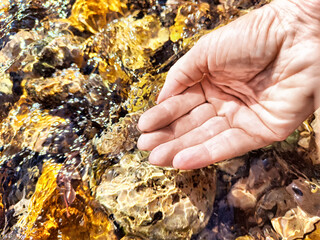 Close-Up of a Hand Touching Flowing Water. Hand interacting with water in motion