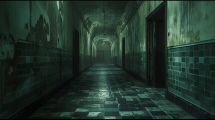 Long, dark, and creepy hospital corridor lit by an eerie green light, evoking a sense of suspense and unease.