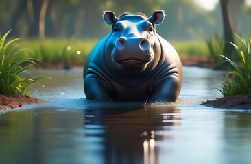 Illustration of cartoon, hippopotamus, swim on water among tall grass on savannah background, animal in natural aquatic habitat, wildlife of Africa, concept of safari trip, nature reserve, zoo
