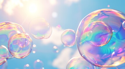 Close-up of iridescent soap bubbles in mid-air, showcasing stunning light flares and colorful reflections against a bright sky.