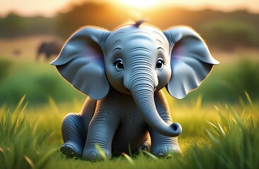 Illustration of cartoon character, sweetly smiling little elephant sitting on grass against background of wild nature, sun is shining over savannah, concept of safari trip, Animal Protection Day