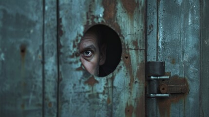 A single eye of a man peeks through a small hole in a rusty, weathered metal door, evoking a sense of intrigue and suspense.