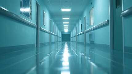 Modern Hospital Corridor with Clean, Bright Lighting and Potted Plants