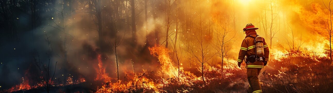 Firefighter battling a forest fire, with flames in the background, a banner with space on the right side for text or design, a fire fighter concept photo, with a wide angle shot, bright colors, and su