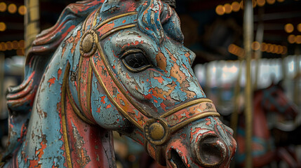 Details of Broken Carousel Horses - Close-up of the details of broken wooden carousel horses, showing cracks and peeling paint