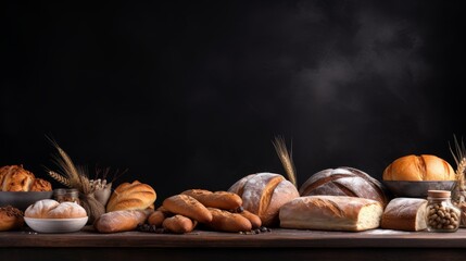 Assortment of baked goods on dark table with free copy space for text.
