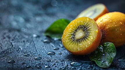 An advertisement of fresh Kiwi fruits that look delicious and nutritious, with space for text.