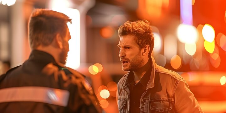A drunk man argues with a bouncer outside a nightclub. Concept Conflict Resolution, Nightlife, Alcohol Influence, Social Behavior, Security Intervention