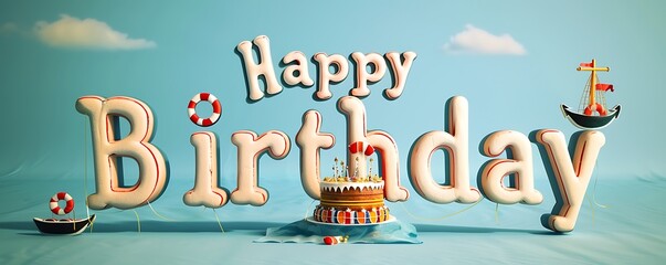 Happy Birthday written with beautiful stylish letters on a plain sky blue background with a birthday cake decorated with a nautical theme in the background