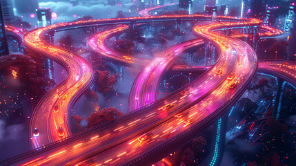 Create a digital painting of a futuristic city with a complex network of highways and bridges