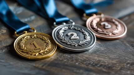 Gold, silver and bronze medals, sport award with ribbons. Sports athlete winner prize	