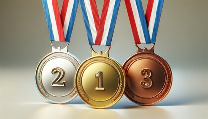 Gold, silver and bronze medals, sport award with ribbons. Sports athlete winner prize	