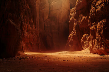 Product display on desert cave background. Podium showcase in sand rock cave. Empty space