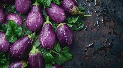 eggplants on old metal table with water 