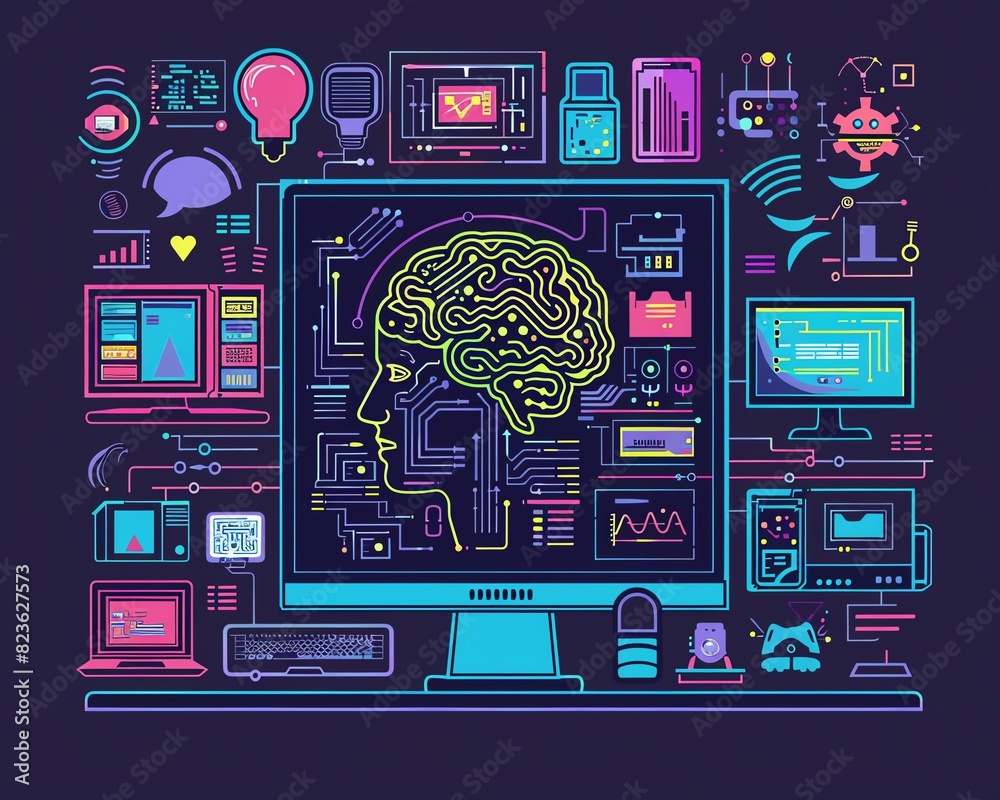 Poster futuristic technology interface focusing on artificial intelligence, machine learning, and robotics.