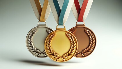 Gold, silver and bronze medals, sport award with ribbons. Sports athlete winner prize	