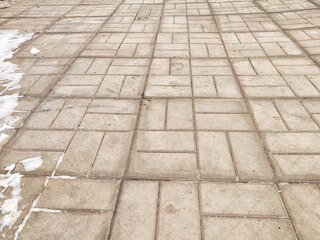 Weathered Tile Pavement With snow. Background, texture, pattern, copy space